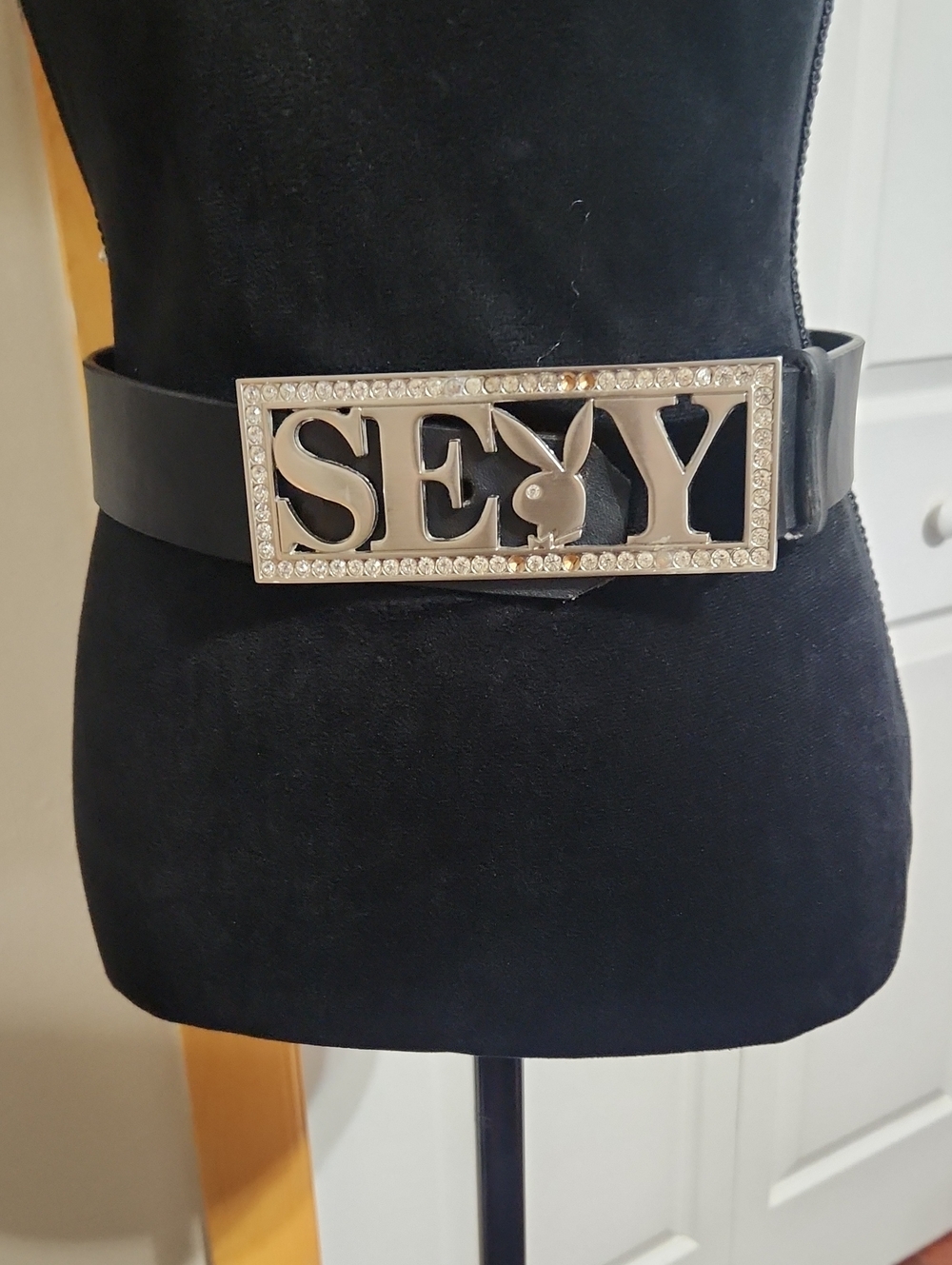 PLAYBOY Black Belt with Rhinestone 'SEXY' Logo Buckle